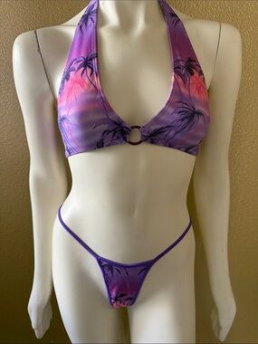 Purple Palm-Print Halter Bikini Set with Center Ring